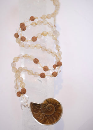 SAGE’s Mala | Ammonite, Gold in Quartz, Herkimer & Rudraksha