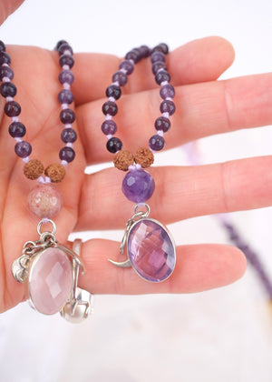 GURU MA Women Leaders Mala | Lepidolite, Thulite, Lavender Amethyst, Rose Quartz or Amethyst. Mantra bar.