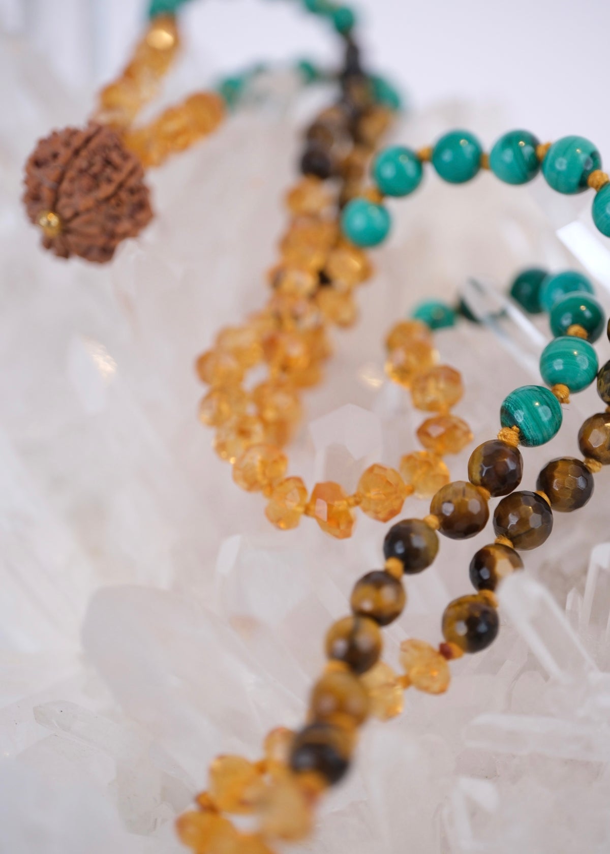 Abundance Mala | 7 Mukhi Rudraksha, rare hand cut finest Citrine, Malachite, Tigers Eye