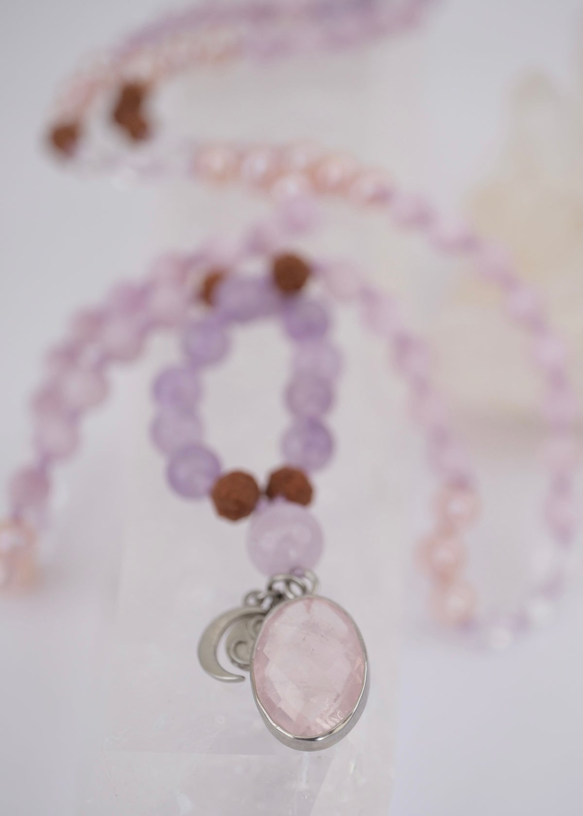 FULL MOON Mala | Pink Akoya Pearl, Kunzite, Lavender Amethyst, Rose Quartz Pendant & Rudraksha