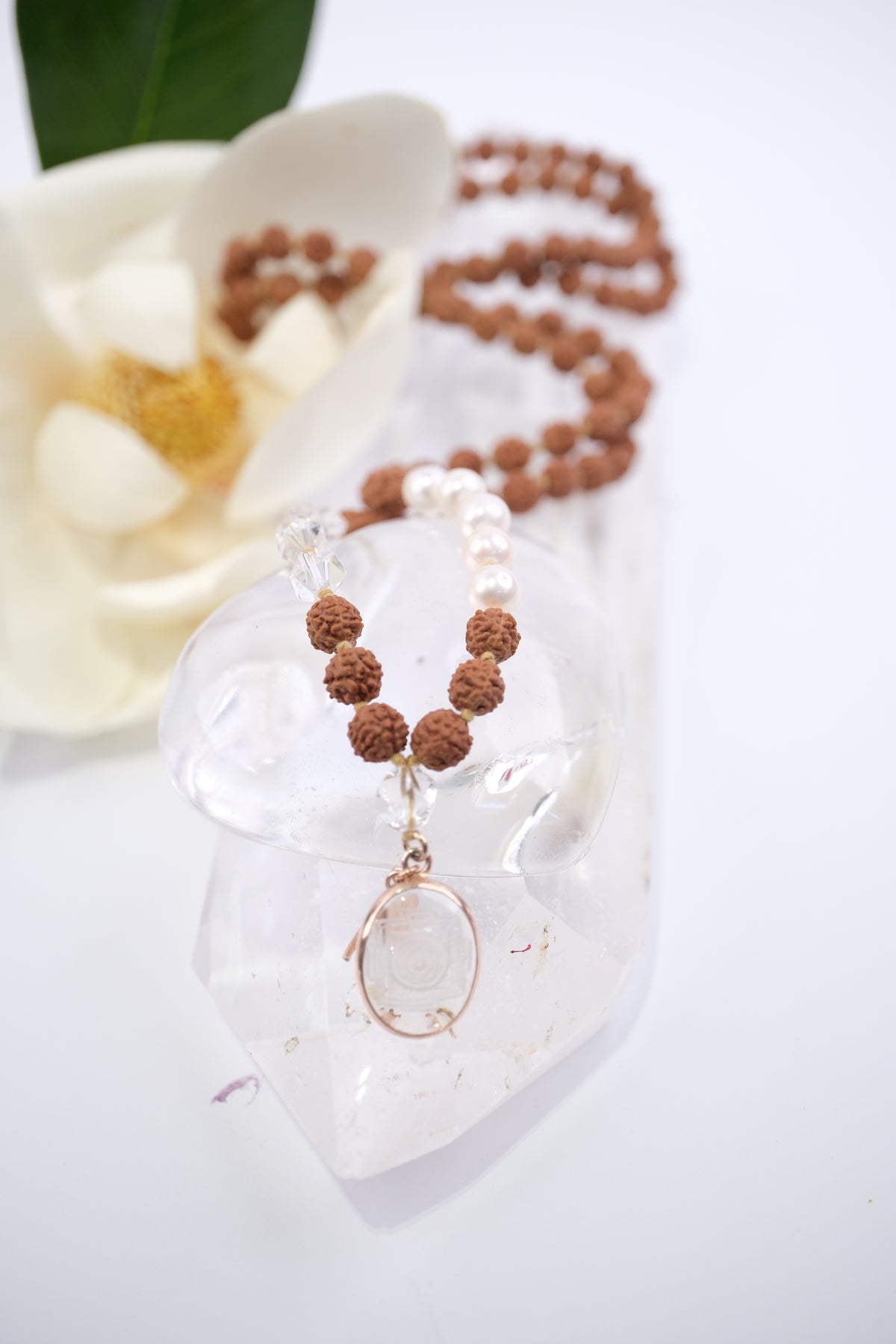 DEVI of HIMALAYA | Rudraksha with Sri Yantra Pendant, Pearl &amp; Herkimer Quartz Diamond | For the Ultimate Spiritual Tool