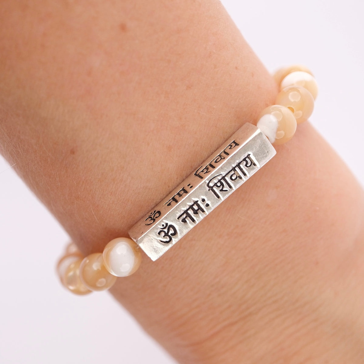 DIVINE GRACE Honey Mother of Pearl bracelet | Om Namaha Shivaya Silver bar