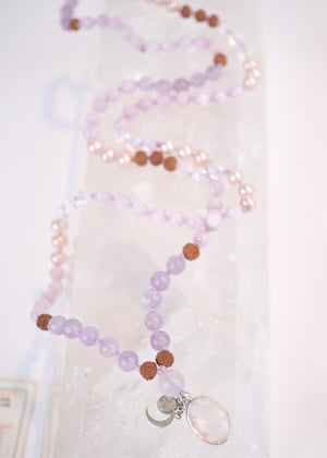 FULL MOON Mala | Pink Akoya Pearl, Kunzite, Lavender Amethyst, Rose Quartz Pendant & Rudraksha