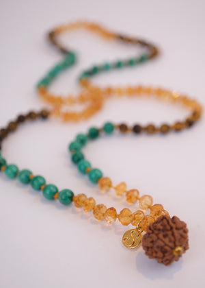 Abundance Mala | 7 Mukhi Rudraksha, rare hand cut finest Citrine, Malachite, Tigers Eye