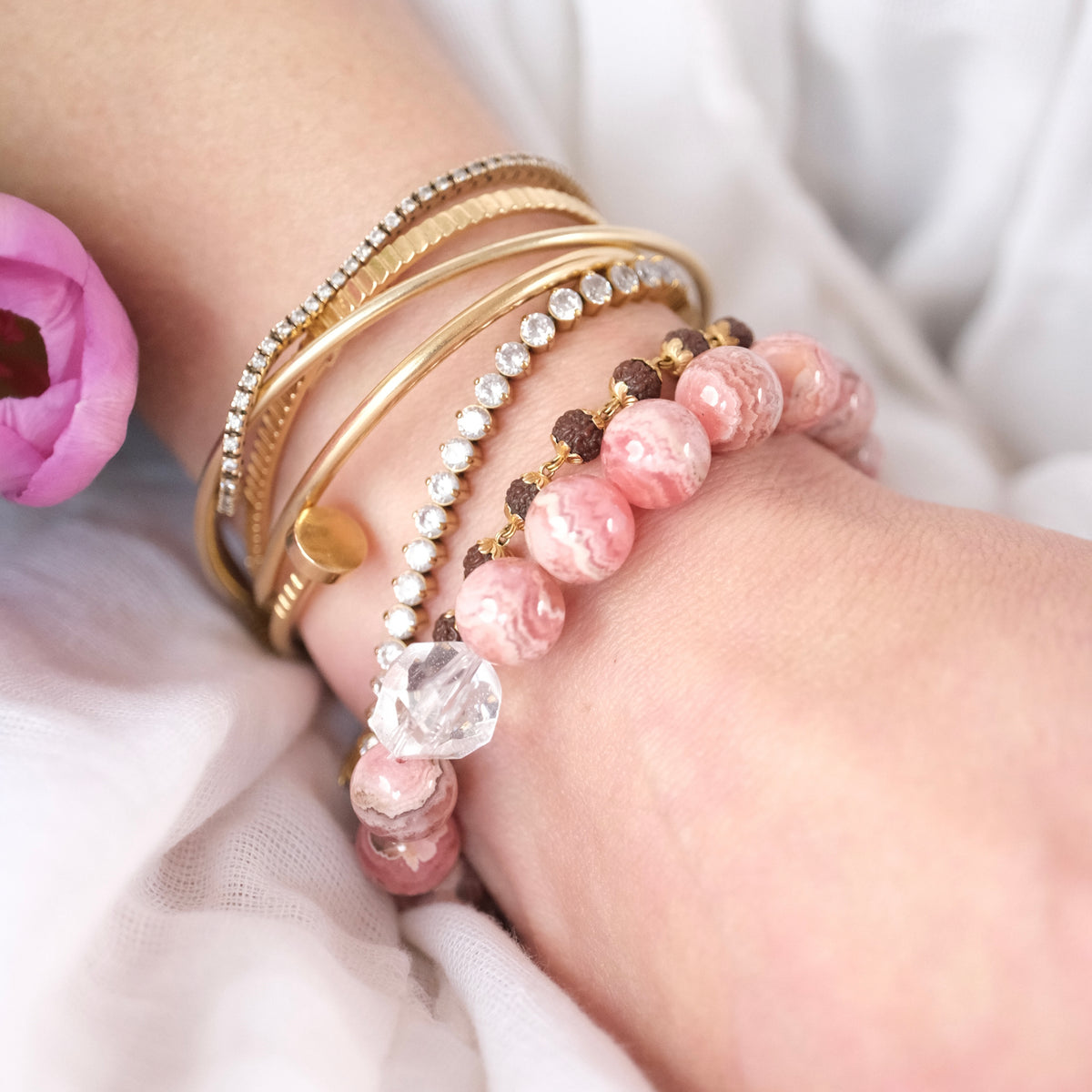 MAHA PRAN ANAND 'The Greatest Bliss of Love Bracelet | Premium 10mm Rhodochrosite & Herkimer