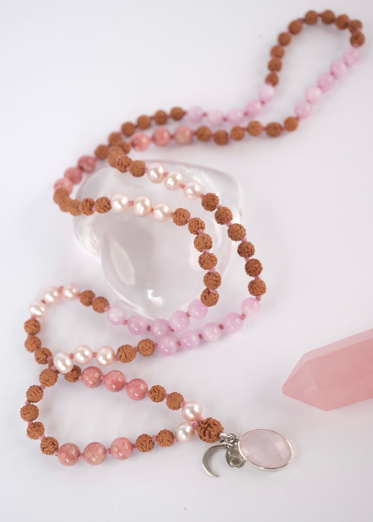 PARVATI ‘The Divine Feminine Mala’ | Pink Pearl, Kunzite, Thulite, Rose Quartz, Rudraksha