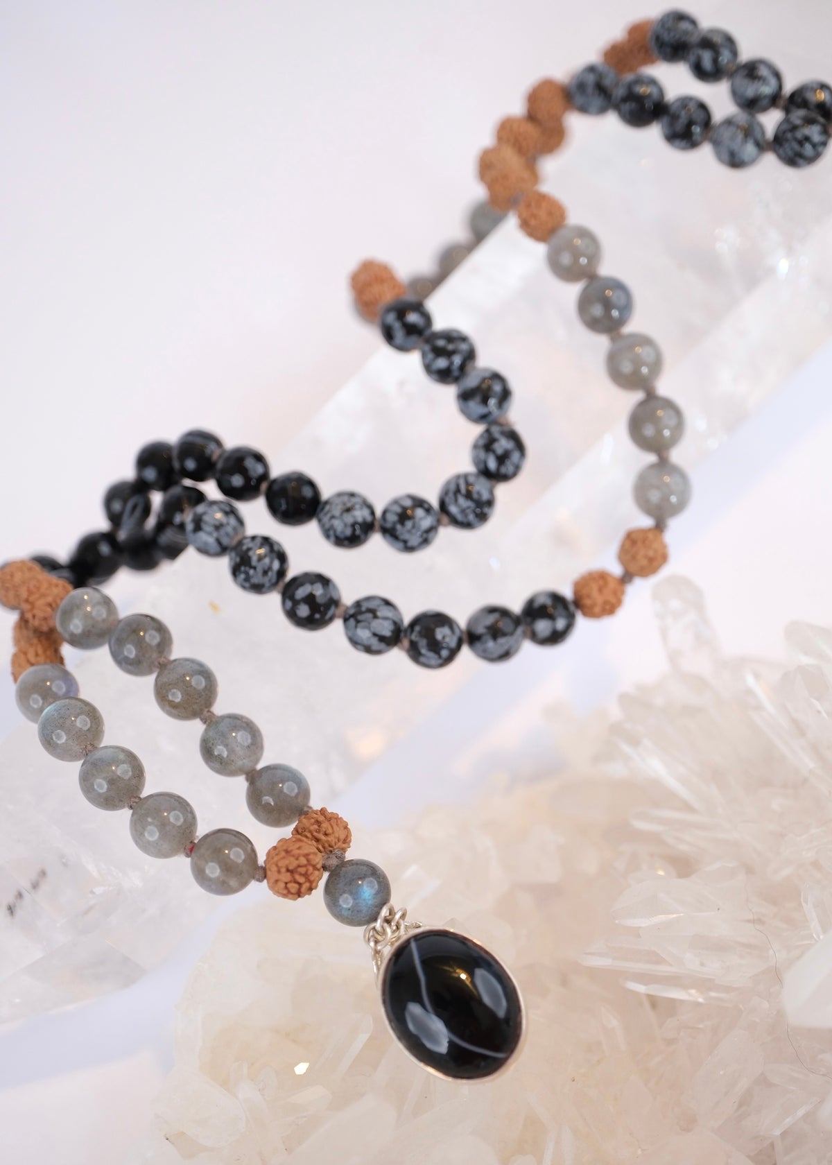 BABA Revered Mala | Labradorite, snow flake Jasper, Onyx & Rudraksha