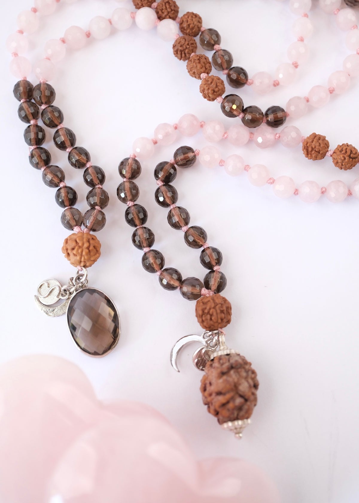 ShivShakti Mala | 2 Mukhi Rudraksha or Smoky Quartz pendant Rose &amp; Smoky Quartz