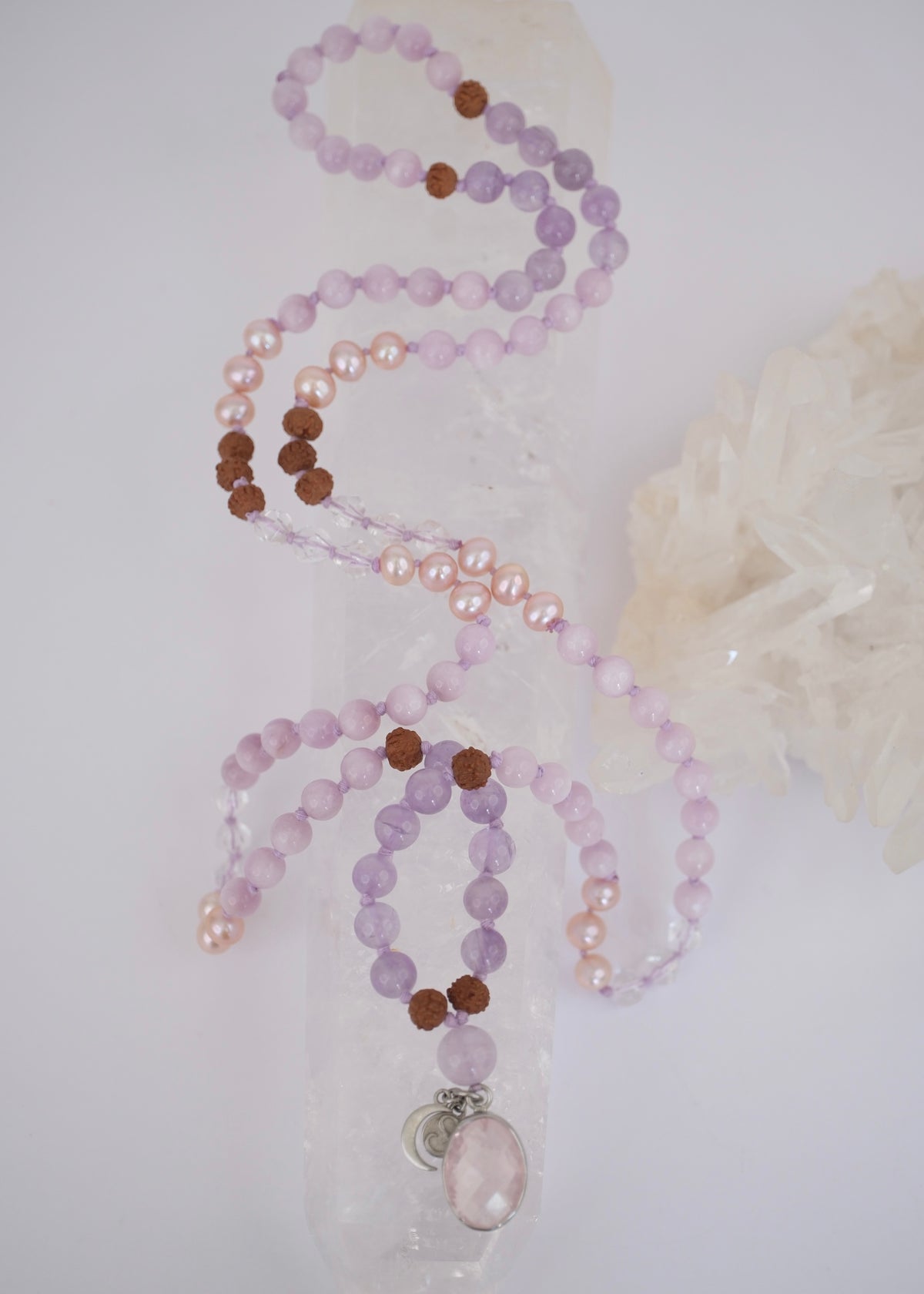 FULL MOON Mala | Pink Akoya Pearl, Kunzite, Lavender Amethyst, Rose Quartz Pendant & Rudraksha