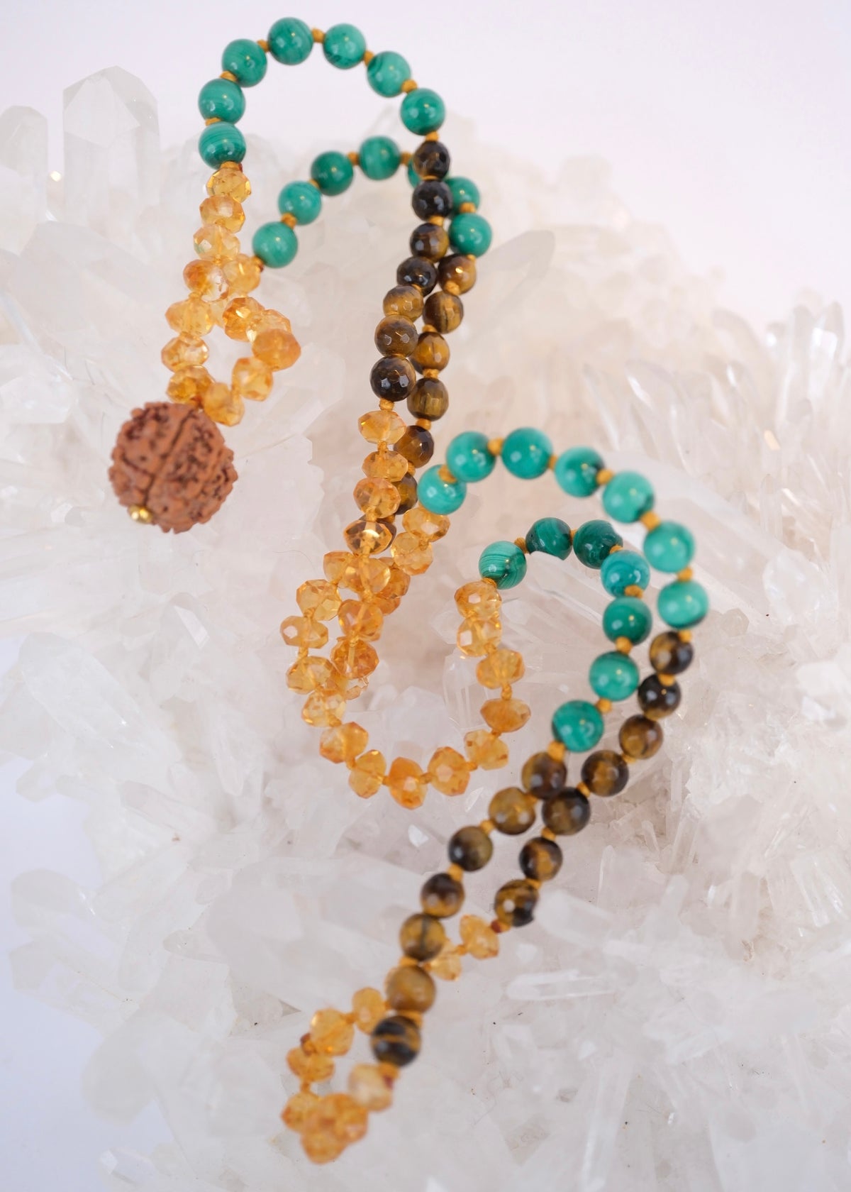 Abundance Mala | 7 Mukhi Rudraksha, rare hand cut finest Citrine, Malachite, Tigers Eye