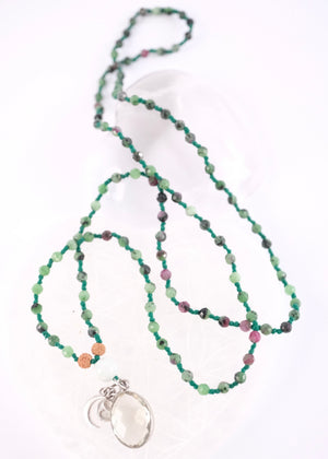 green ruby zoisite mala with green quartz and jade