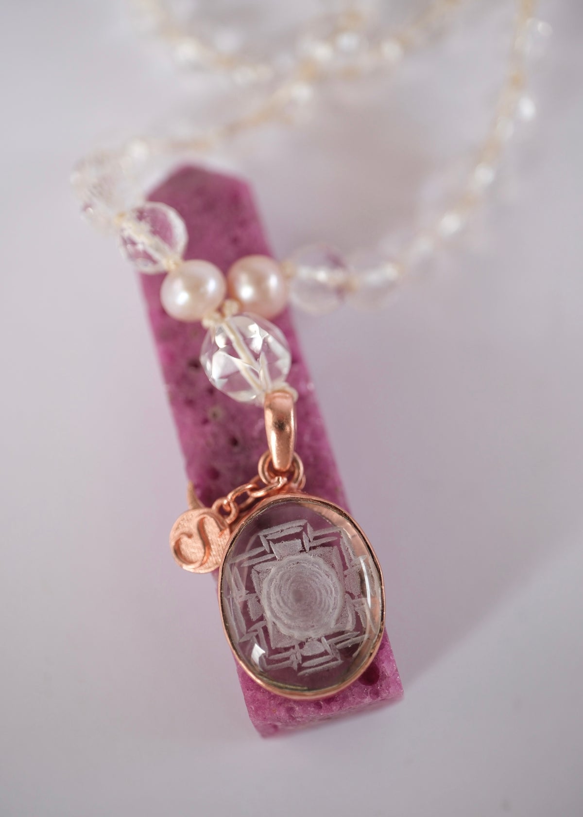 SHAKTI ‘The Mala of Pure Energy & Light’ | Himalayan Clear Quartz, Sri Yantra, Pink Pearls