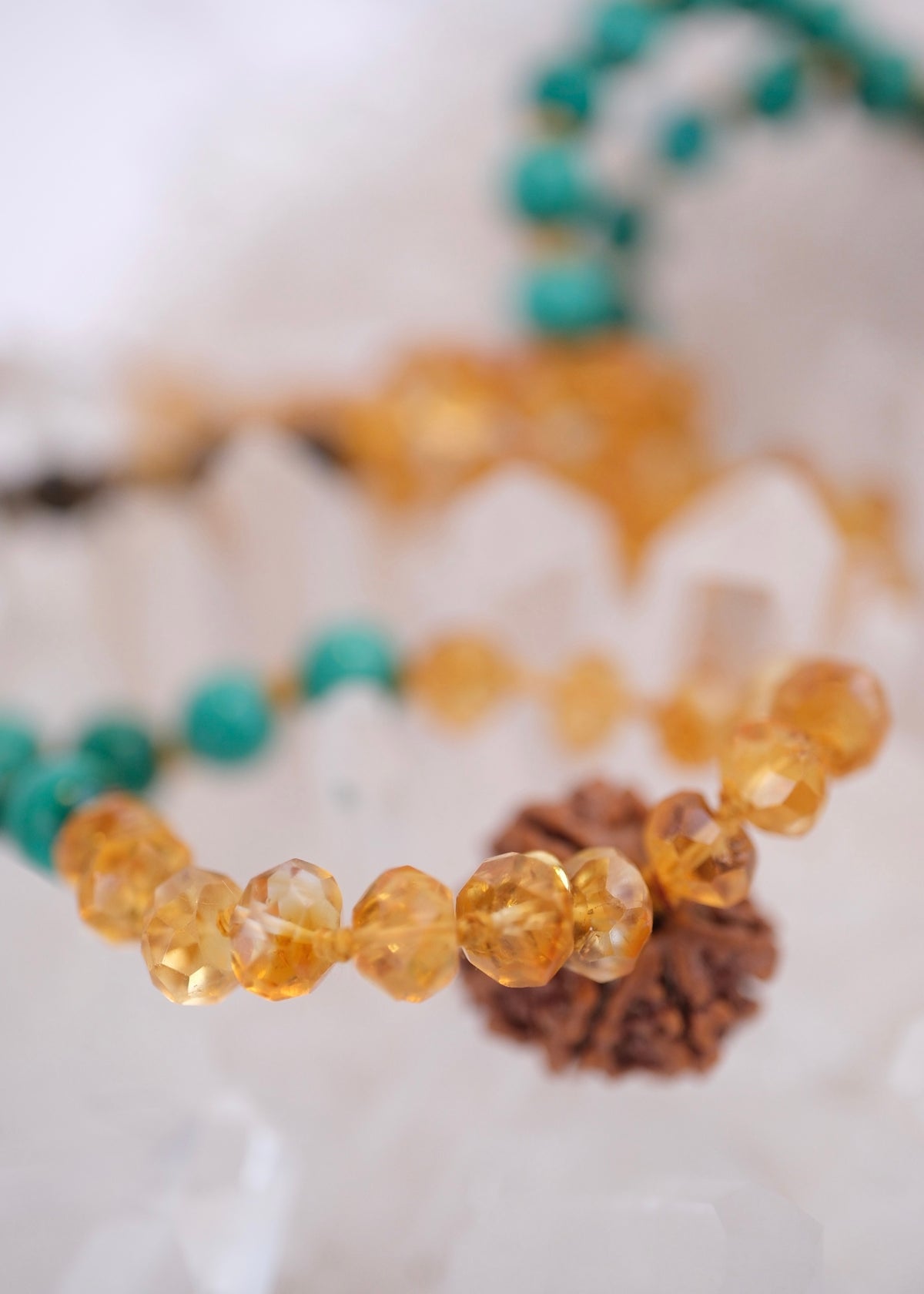 Abundance Mala | 7 Mukhi Rudraksha, rare hand cut finest Citrine, Malachite, Tigers Eye
