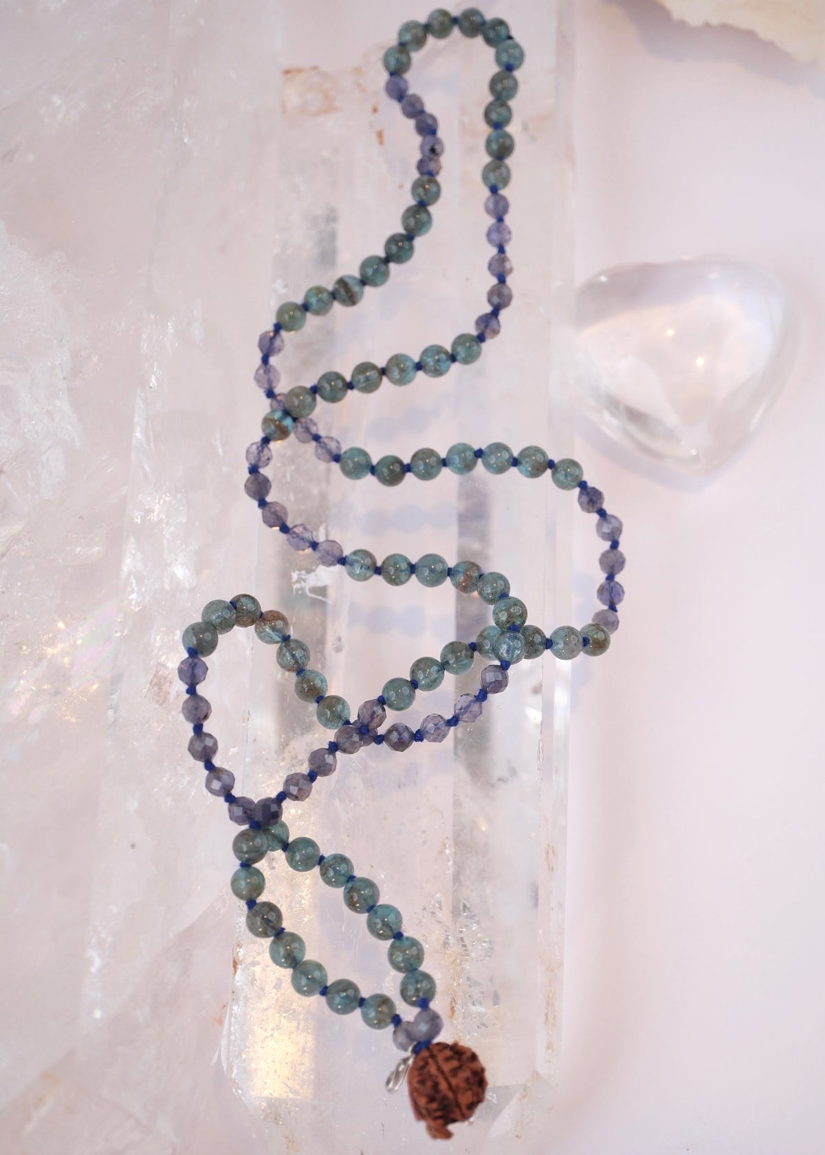 DHARMIK Sacred path mala | Rare Green Apatite, Iolite, Nepal Ganesh Rudraksha