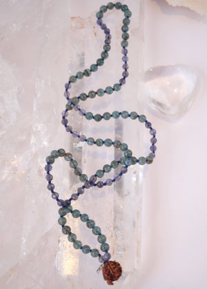 DHARMIK Sacred path mala | Rare Green Apatite, Iolite, Nepal Ganesh Rudraksha