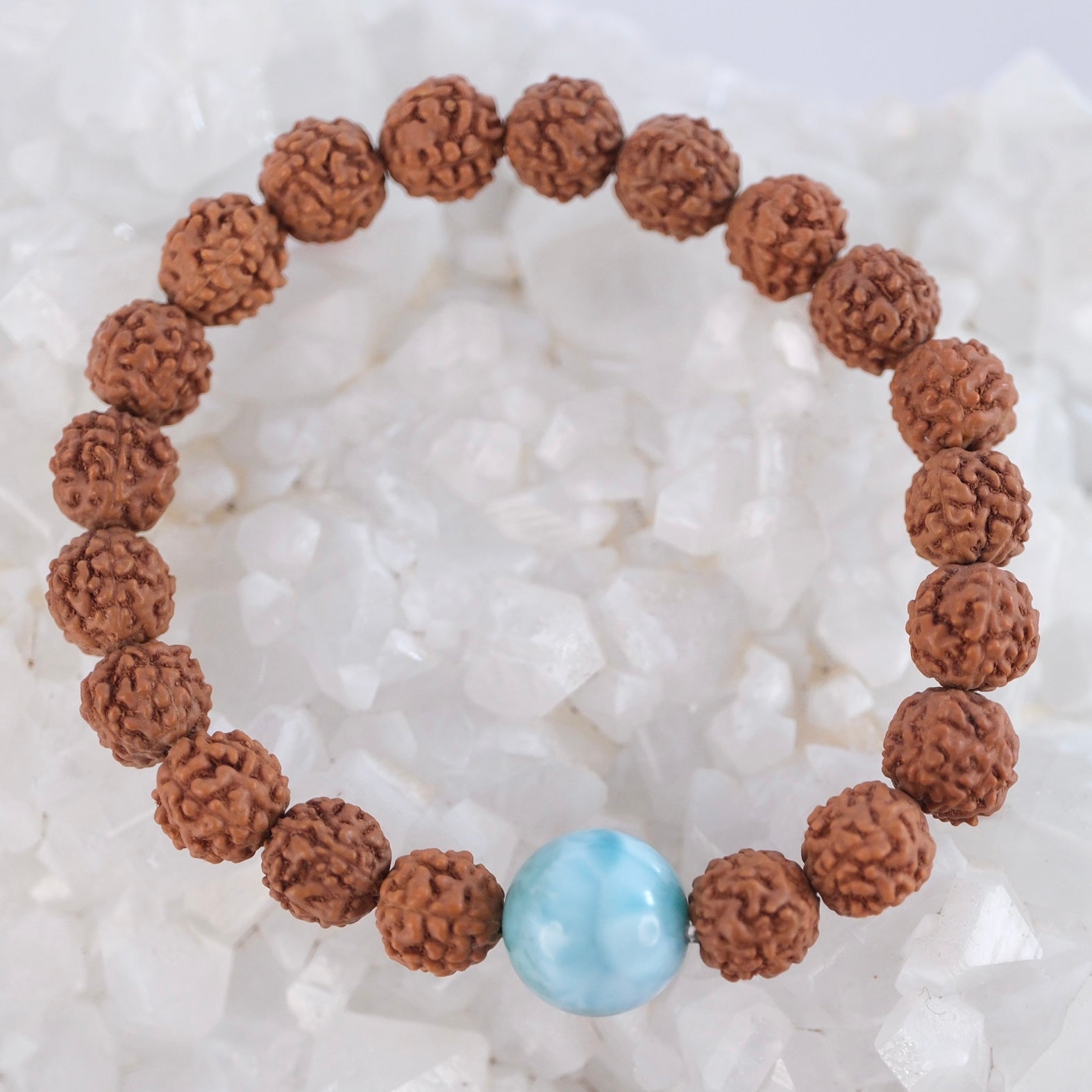Sea blue Larimar and sacred Rudraksha bracelet, handcrafted and blessed by Ma Ganga.