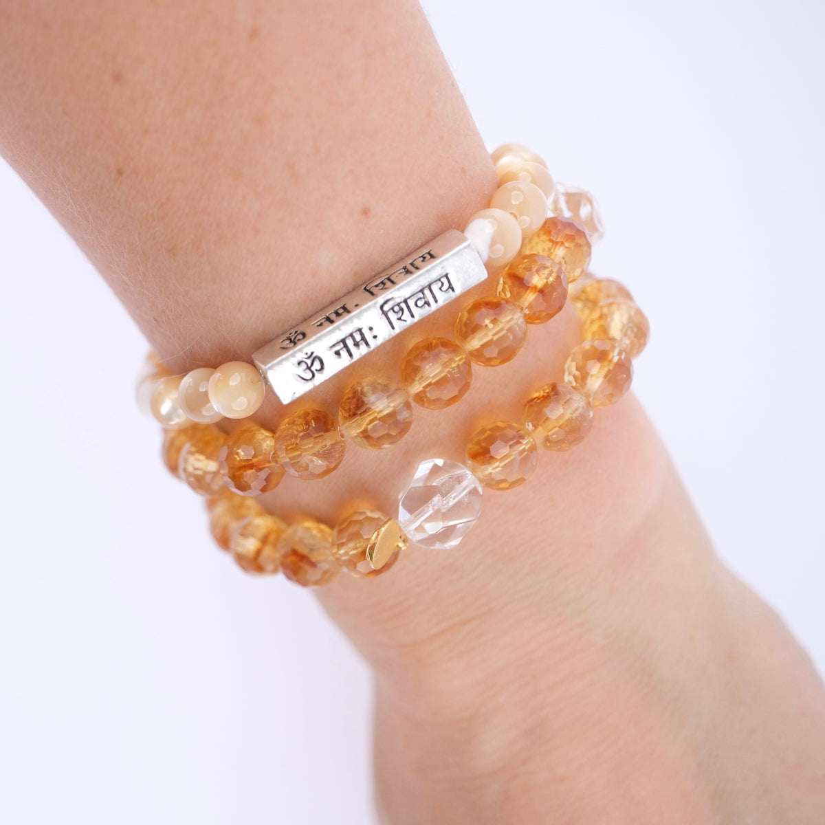 DIVINE GRACE Honey Mother of Pearl bracelet | Om Namaha Shivaya Silver bar