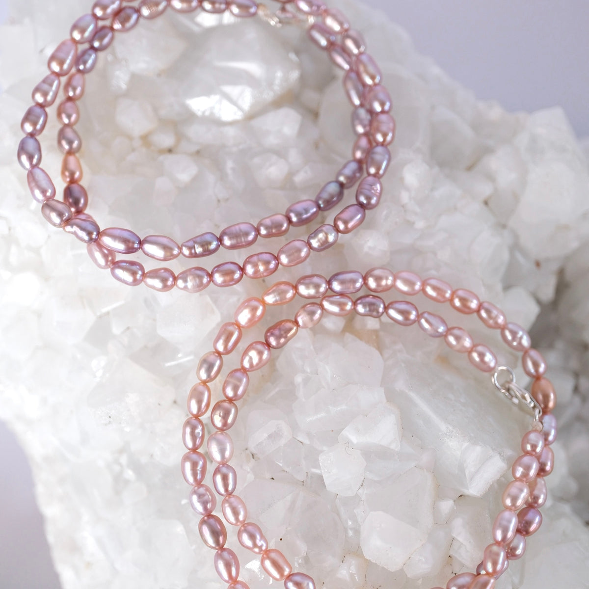 . Grace of the Moon bracelet of lustrous Akoya pearls in soft pink, lilac, and apricot hues