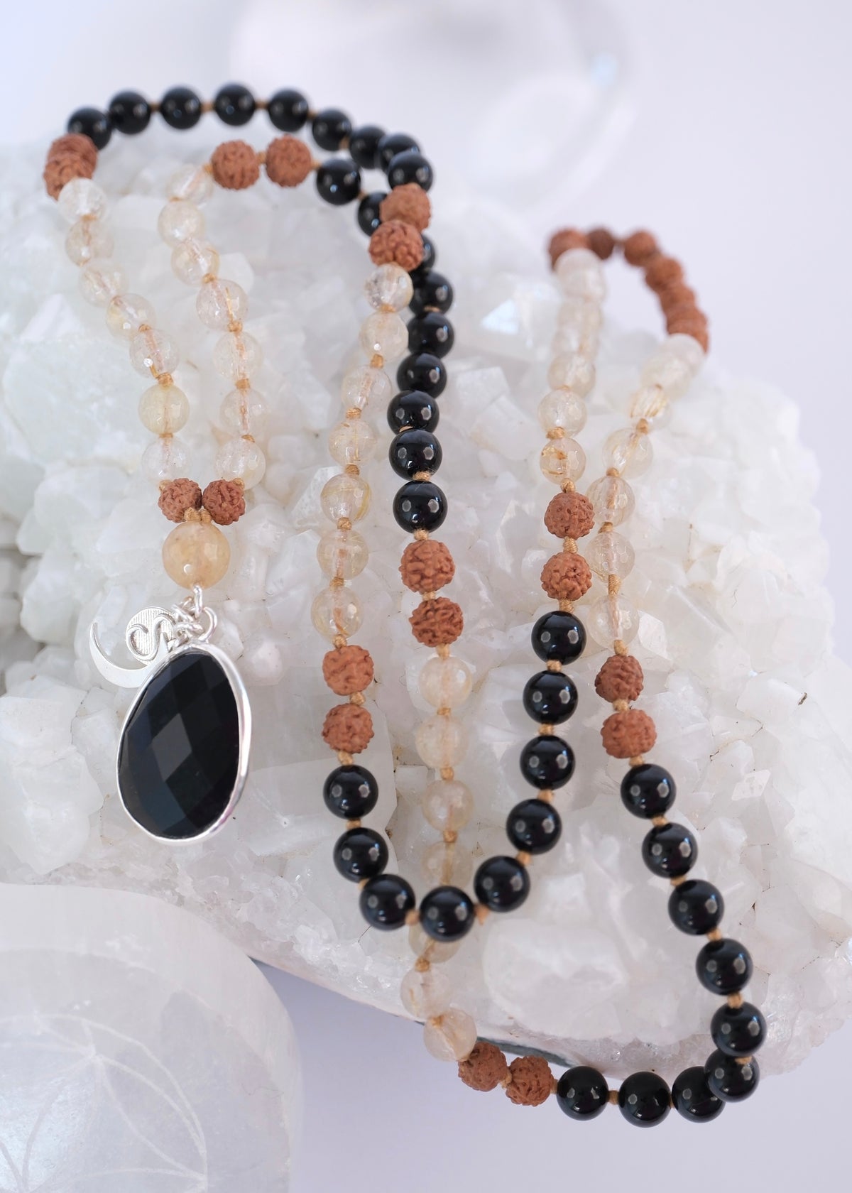 TANTRIKA 'The Energy Workers' Mala | Black Tourmaline & Golden Rutilated Quartz, Rudraksha Mala