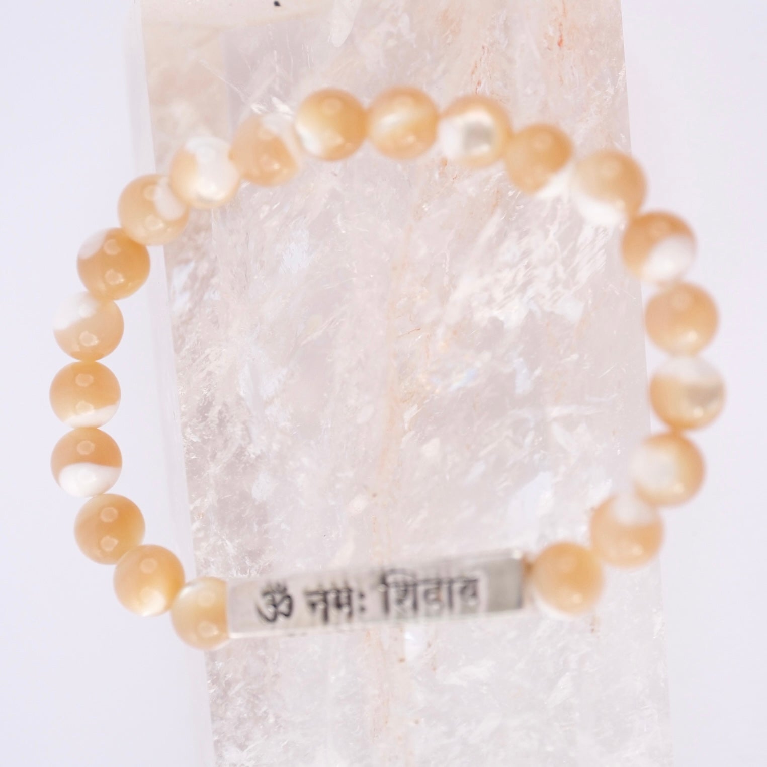 DIVINE GRACE Honey Mother of Pearl bracelet | Om Namaha Shivaya Silver bar