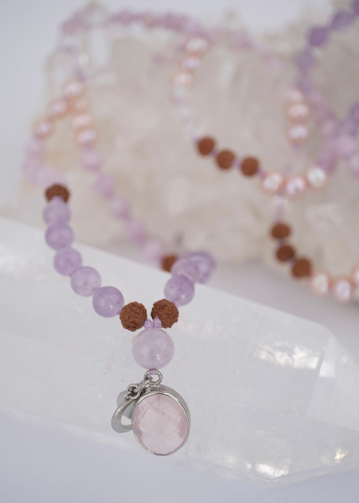 FULL MOON Mala | Pink Akoya Pearl, Kunzite, Lavender Amethyst, Rose Quartz Pendant & Rudraksha