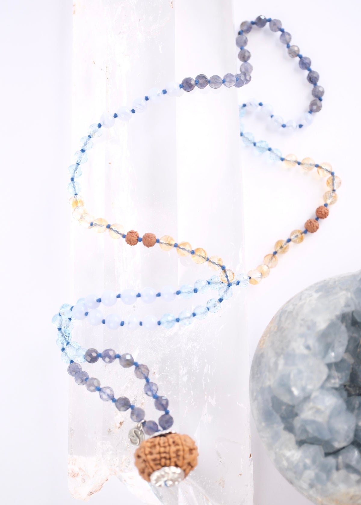 Archangel Michael protection mala with iolite, topaz, citrine, blue lace agate and ten mukhi Rudraksha