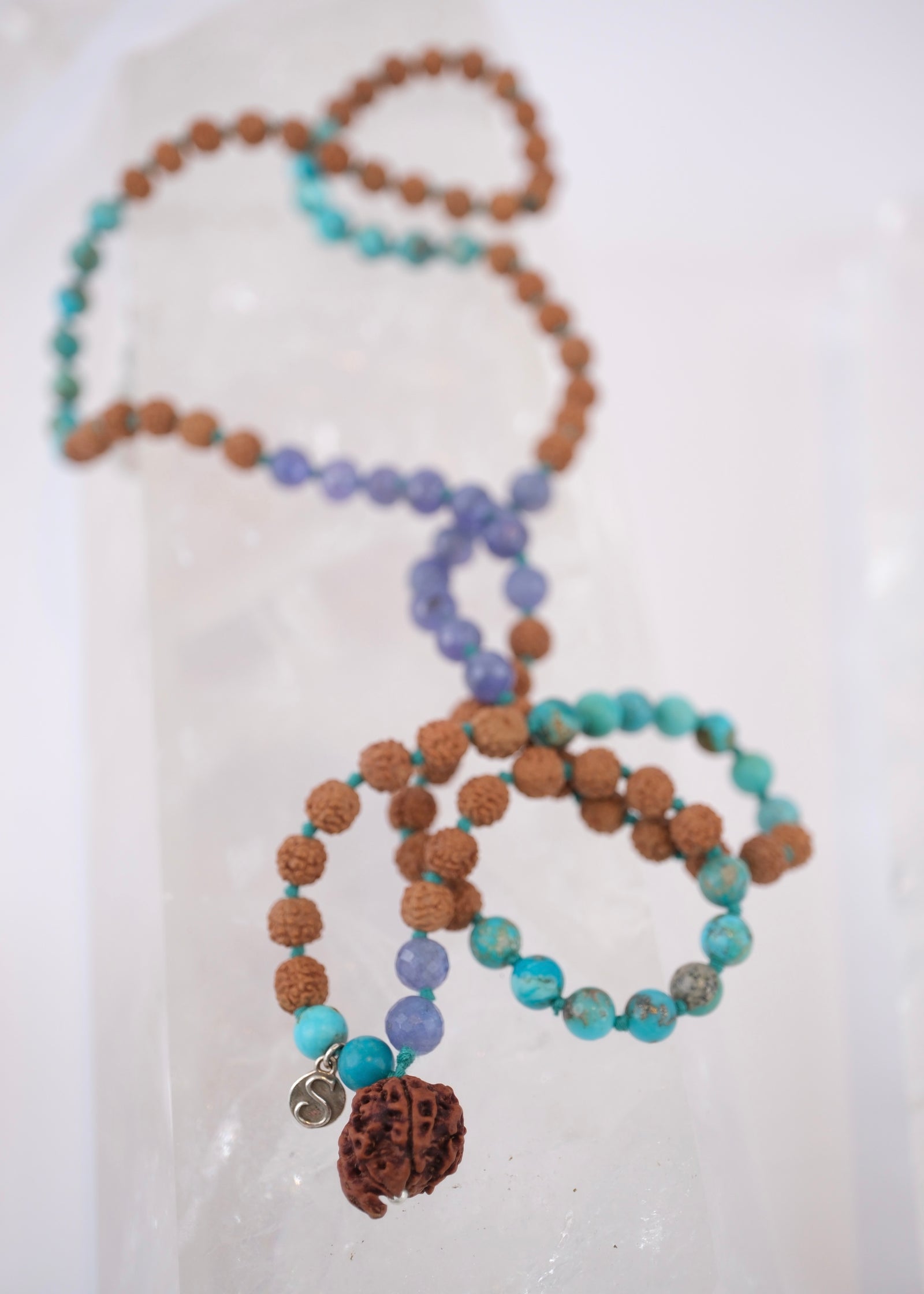 Mala Necklace with Ganesh Rudraksha, Tanzanite, Turquoise and Rudraksha.