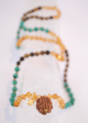 Abundance Mala | 7 Mukhi Rudraksha, rare hand cut finest Citrine, Malachite, Tigers Eye