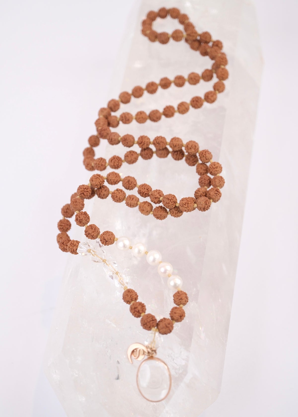 DEVI of HIMALAYA | Rudraksha with Sri Yantra Pendant, Pearl &amp; Herkimer Quartz Diamond | For the Ultimate Spiritual Tool