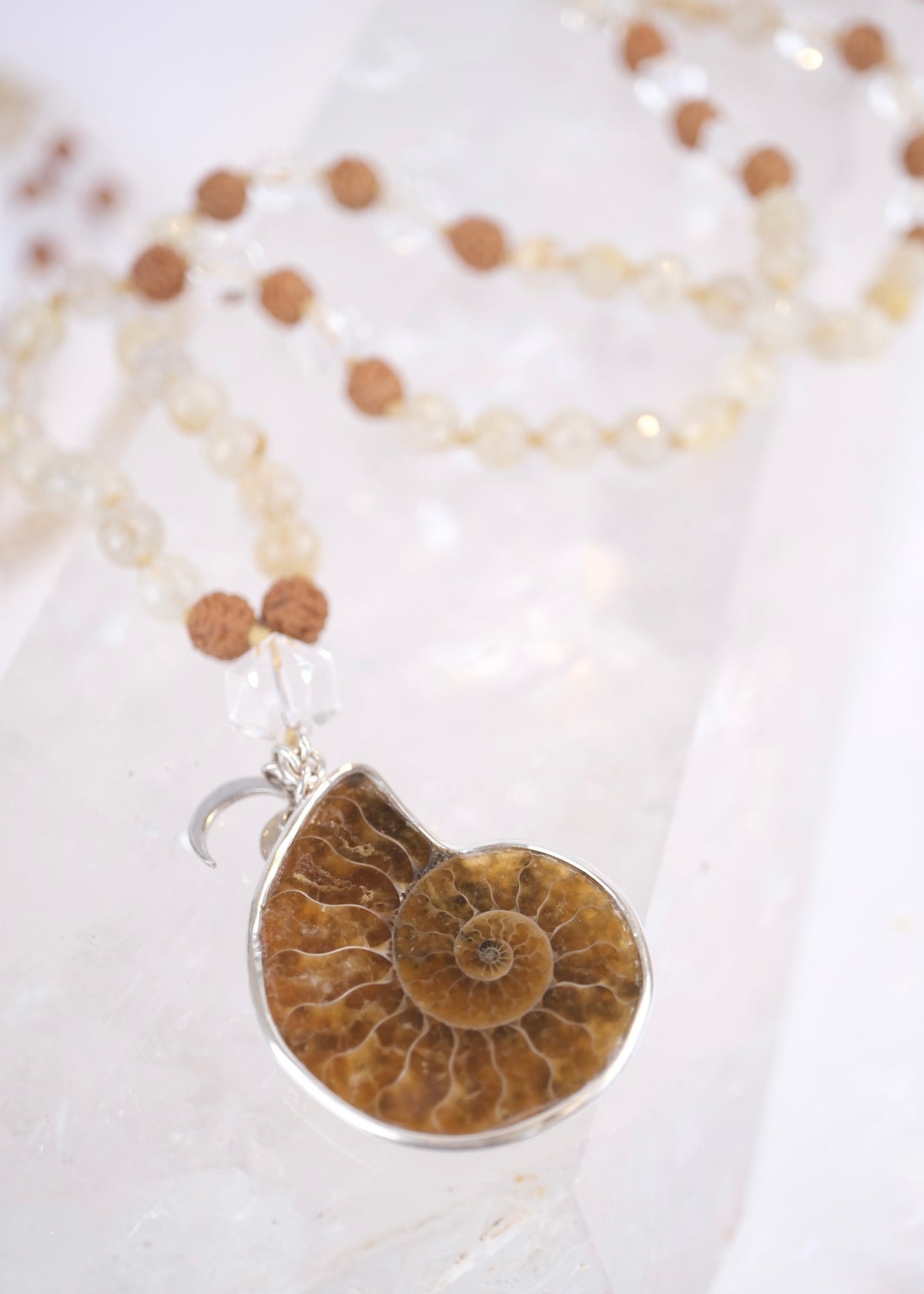 SAGE’s Mala | Ammonite, Gold in Quartz, Herkimer & Rudraksha