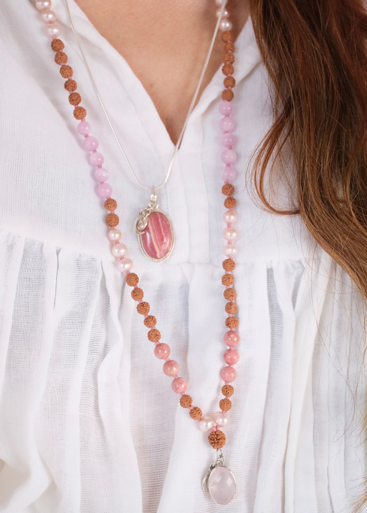 PARVATI ‘The Divine Feminine Mala’ | Pink Pearl, Kunzite, Thulite, Rose Quartz, Rudraksha