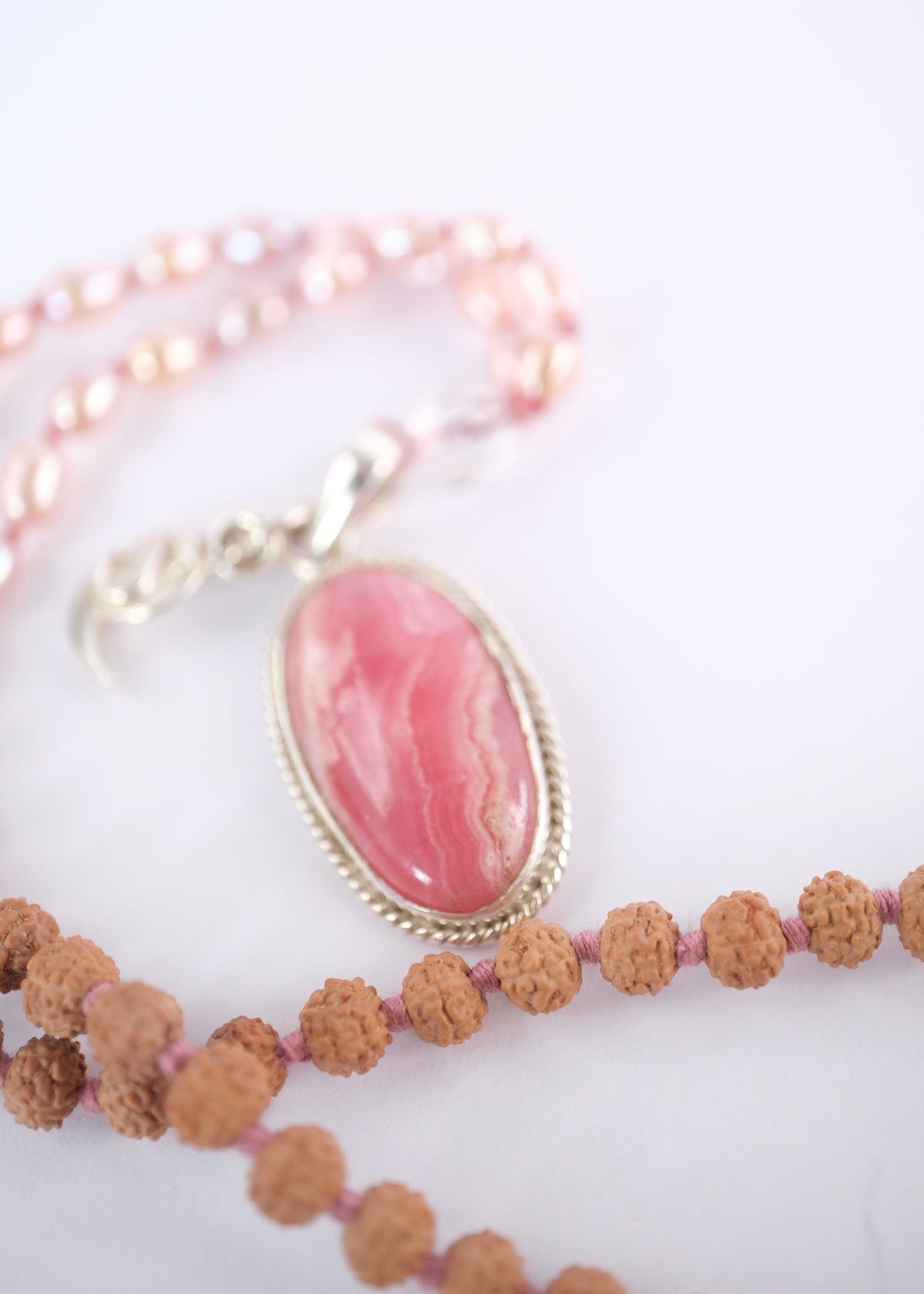 MADHURYA ‘The Grace of Divine Love’ Mala | Rhodochrosite, Akoya Pearls, Rudraksha