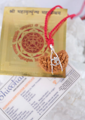 One mukhi Rudraksha pendant, the form of Shiva, held in a silver Om cage, blessed by Ma Ganga.
