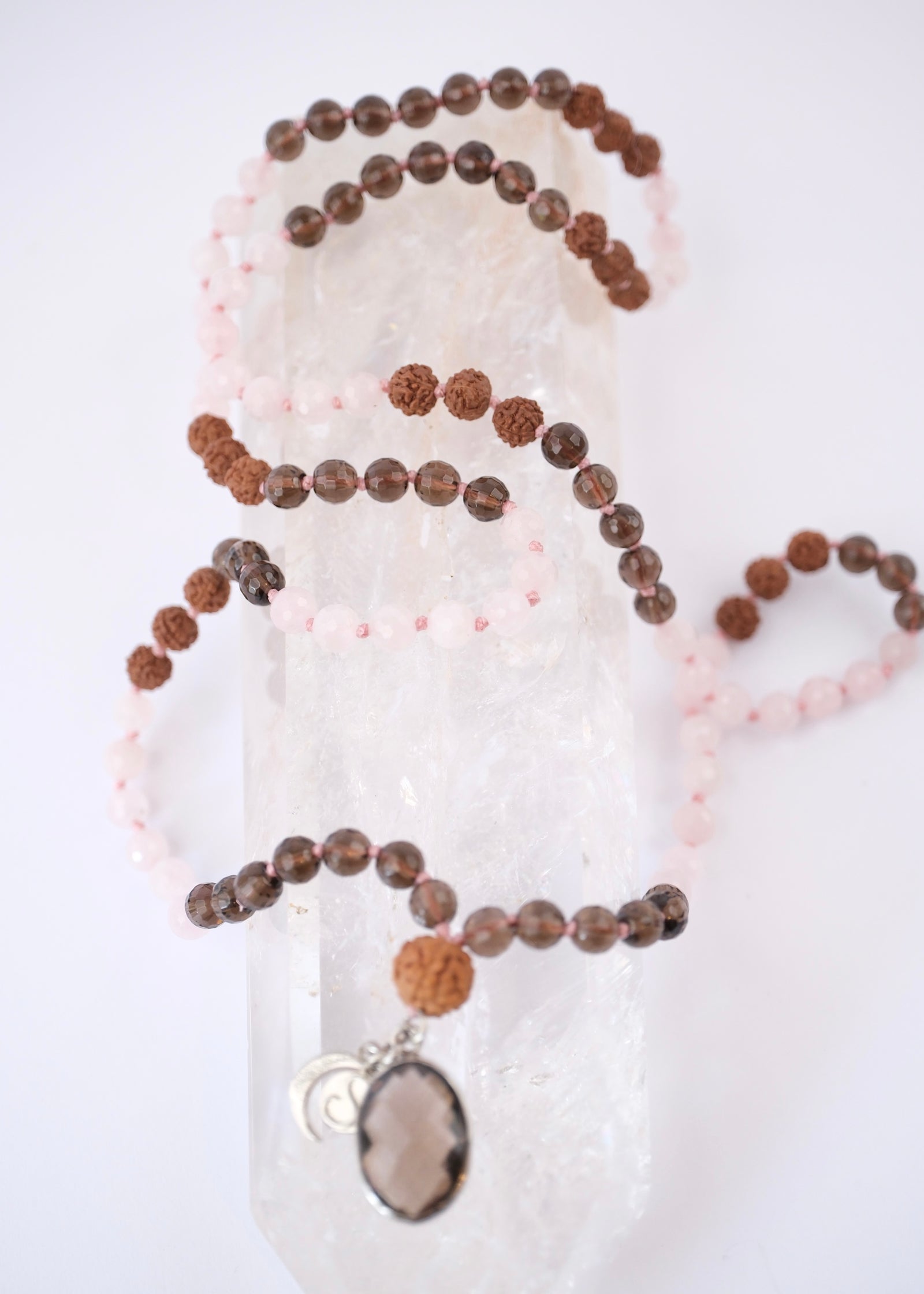 ShivShakti Mala | 2 Mukhi Rudraksha or Smoky Quartz pendant Rose & Smoky Quartz