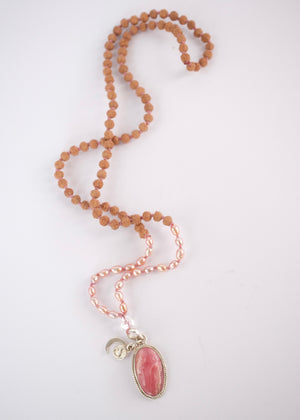 Madhurya mala with deep pink rhodochrosite pendant, small Rudraksha and pink Akoya pearls