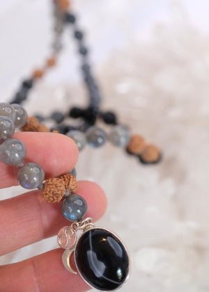 BABA Revered Mala | Labradorite, snow flake Jasper, Onyx & Rudraksha