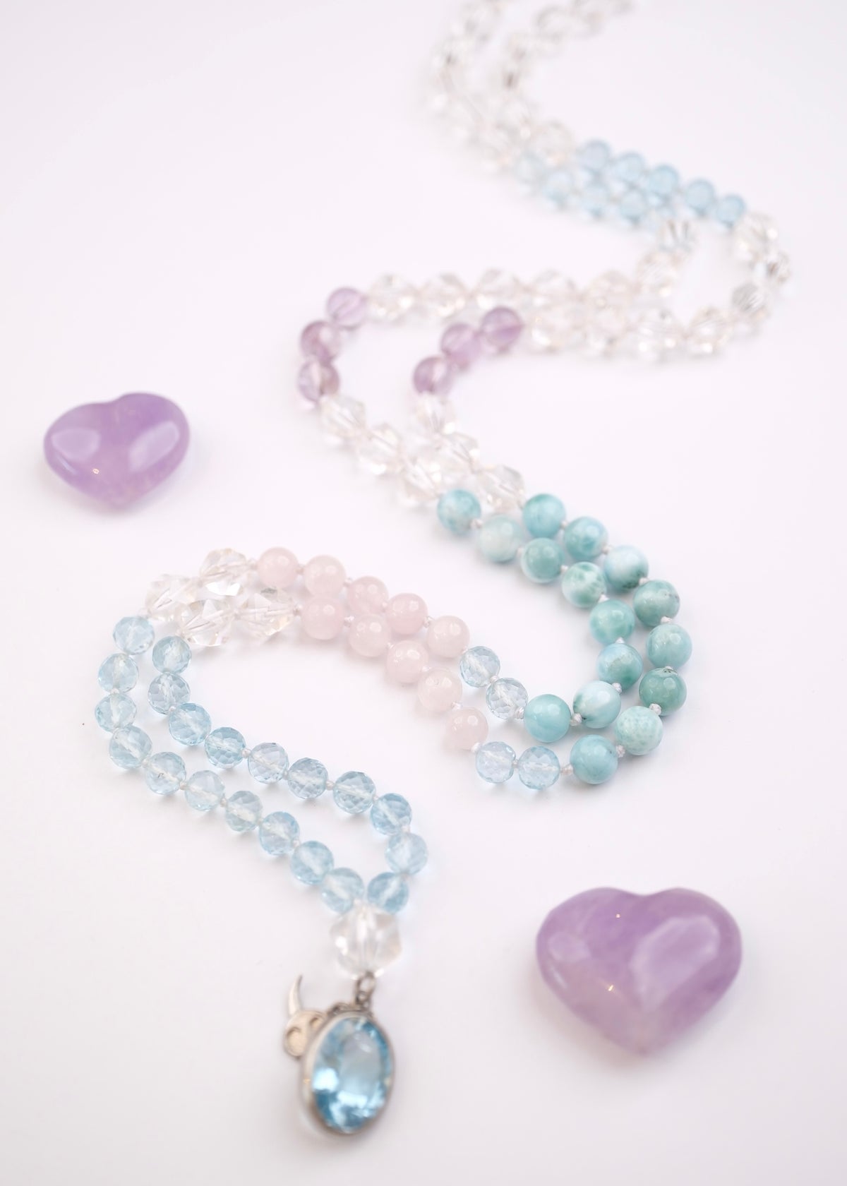 PEACE Shanti Mala | Topaz beads and pendant with Larimar, Herkimer, Kunzite &amp; Lavender Quartz