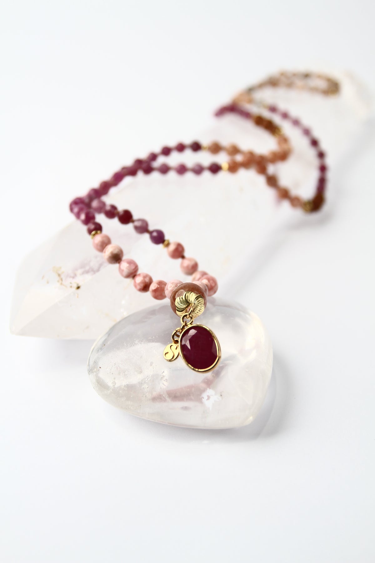 AMMA Woman of Light Ruby Mala with Rose Gold, Sunstone and Rhodochrosite.