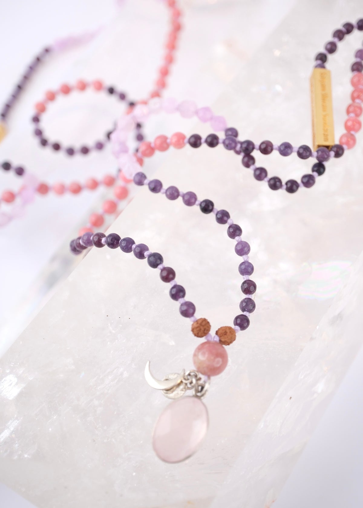 GURU MA Women Leaders Mala | Lepidolite, Thulite, Lavender Amethyst, Rose Quartz or Amethyst. Mantra bar.