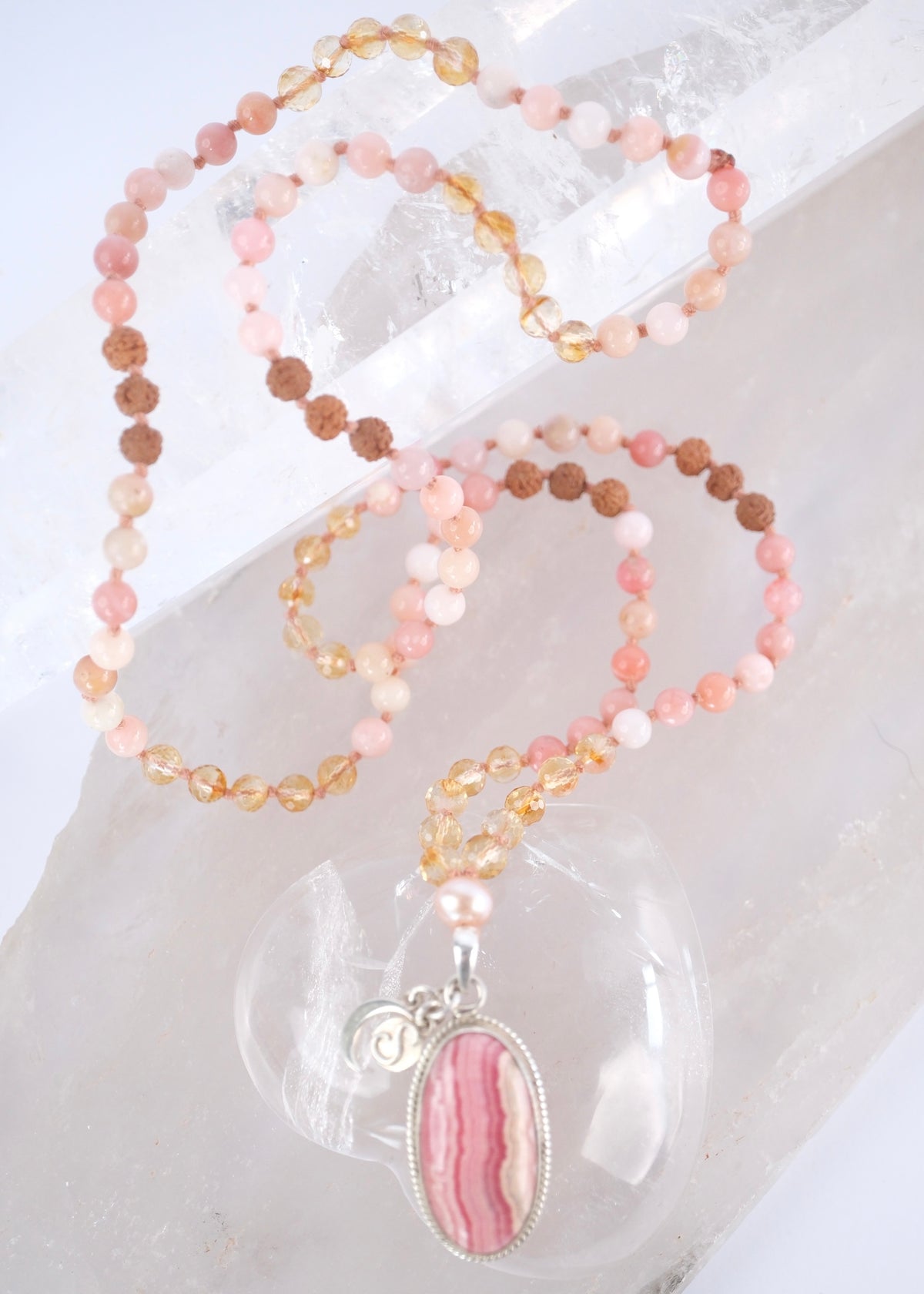 Atma Prema self love mala with citrine, pink opal, pink pearl, Rudraksha and rhodochrosite pendant