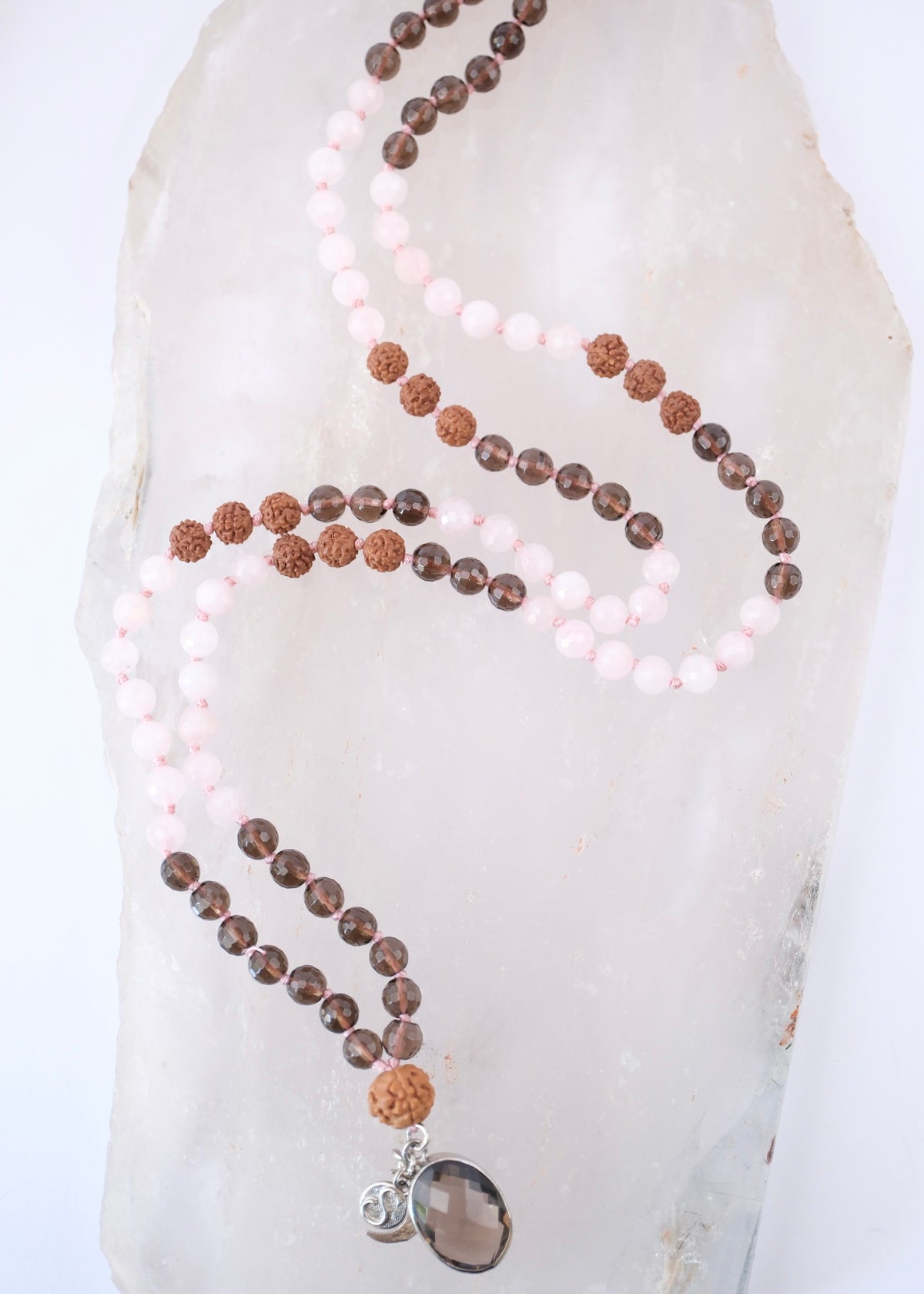 ShivShakti Mala | 2 Mukhi Rudraksha or Smoky Quartz pendant Rose &amp; Smoky Quartz