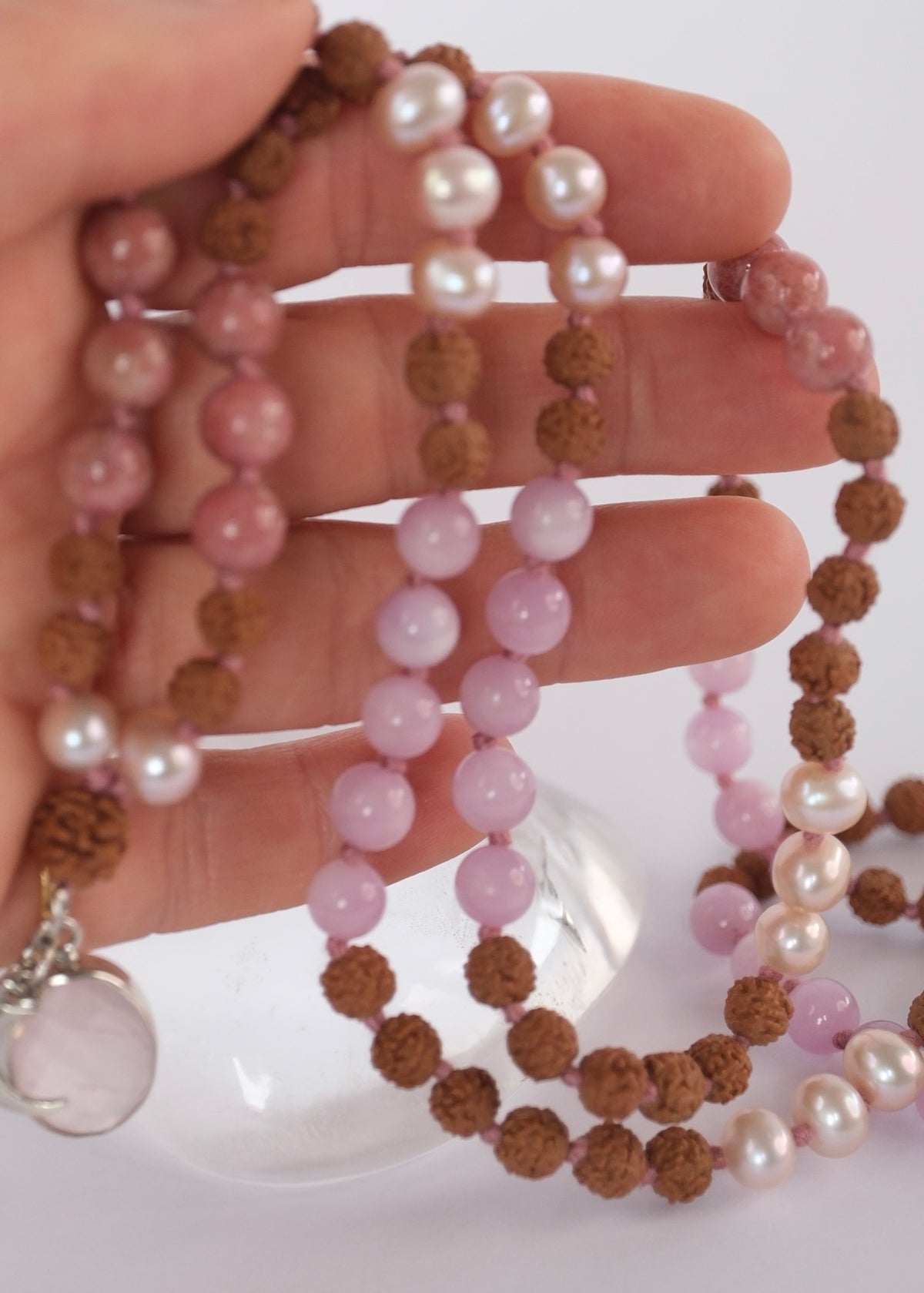 PARVATI ‘The Divine Feminine Mala’ | Pink Pearl, Kunzite, Thulite, Rose Quartz, Rudraksha