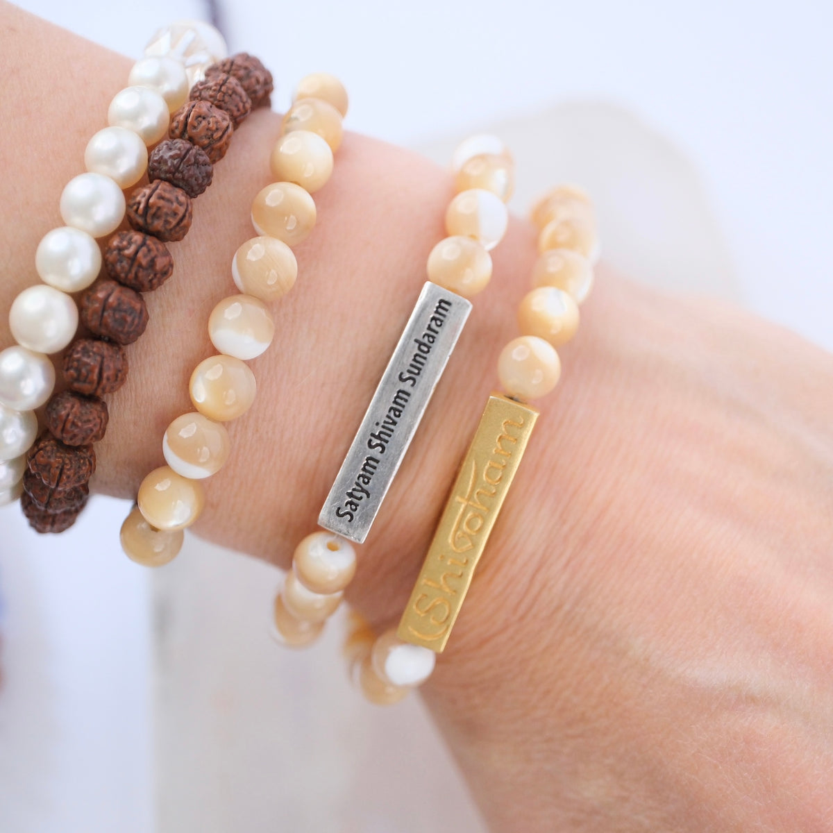 DIVINE GRACE Honey Mother of Pearl bracelet | Om Namaha Shivaya Silver bar