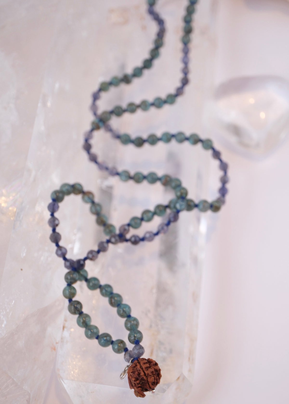 DHARMIK Sacred path mala | Rare Green Apatite, Iolite, Nepal Ganesh Rudraksha