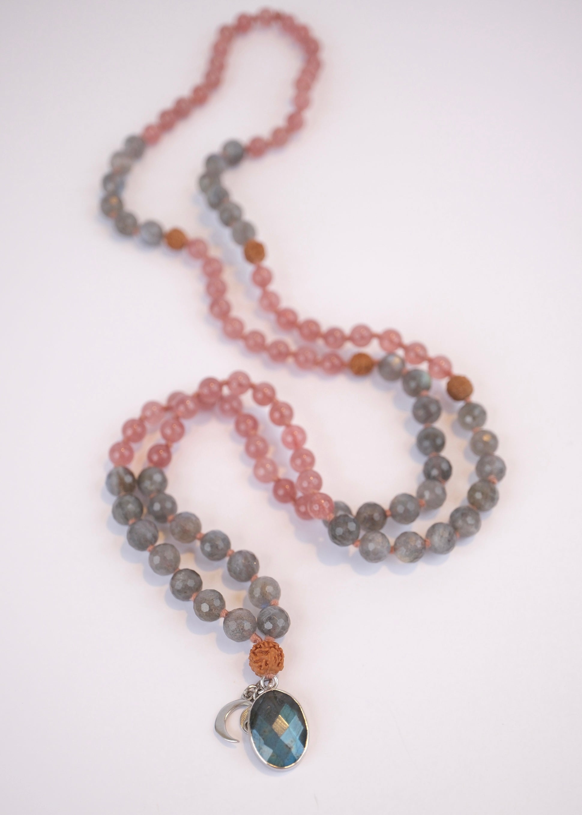 RISHI The Wise Ones Mala | Rare Strawberry Quartz, Labradorite & Rudraksha
