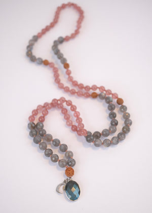 RISHI The Wise Ones Mala | Rare Strawberry Quartz, Labradorite & Rudraksha