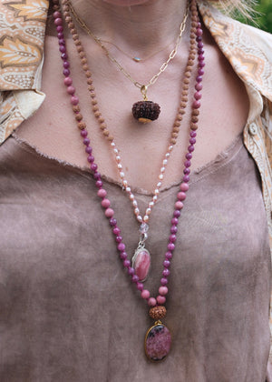 MADHURYA ‘The Grace of Divine Love’ Mala | Rhodochrosite, Akoya Pearls, Rudraksha