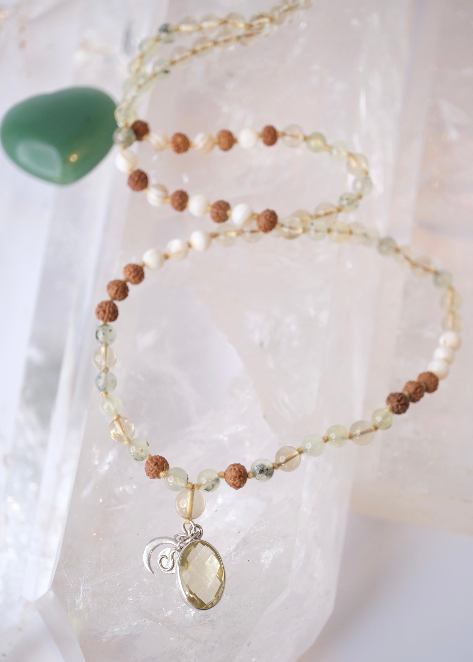 VIMANA The Traveller Insight Mala  | Prehnite, Lemon Quartz, Mother of Pearls Insight Mala