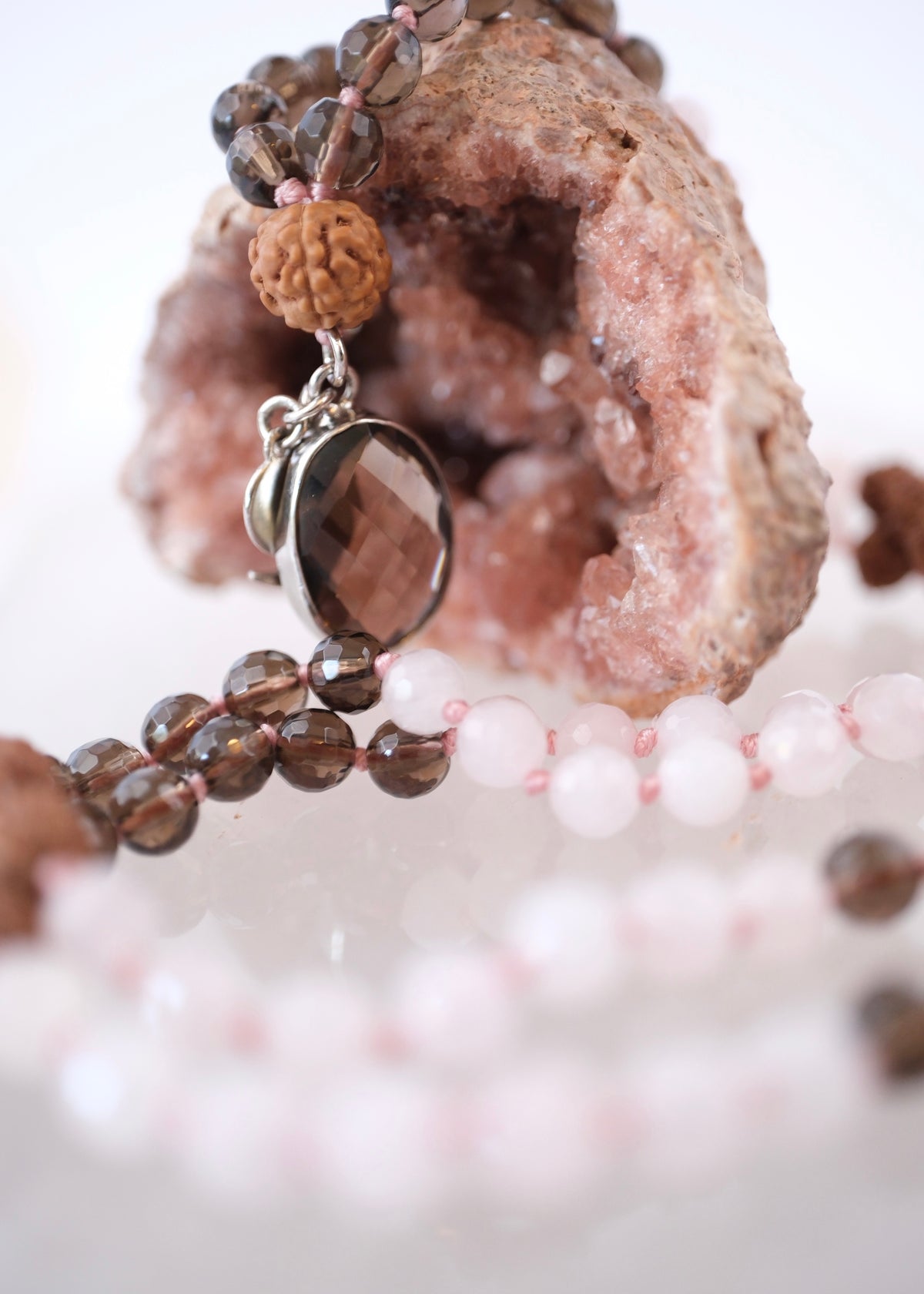 ShivShakti Mala | 2 Mukhi Rudraksha or Smoky Quartz pendant Rose &amp; Smoky Quartz