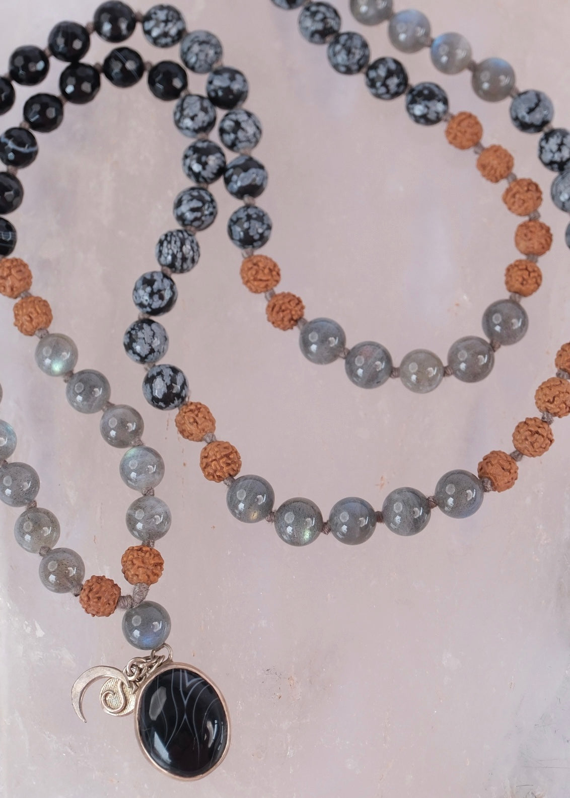BABAJI Revered Mala | Labradorite, snow flake Jasper, Onyx & Rudraksha